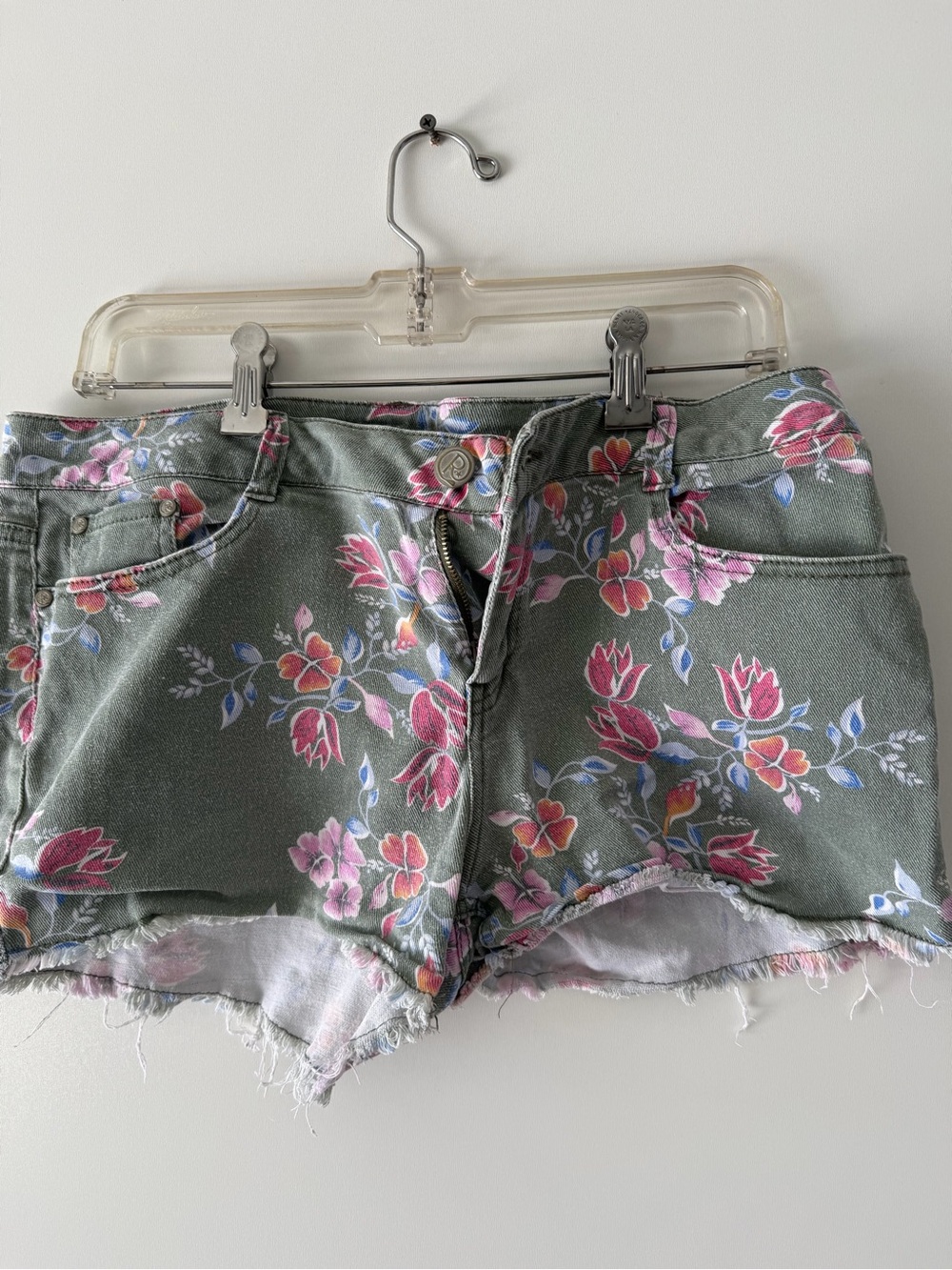 Rewash Olive Green Floral Denim Shorts with Pink Print 100% cotton